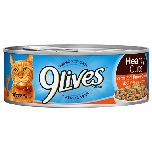 9LIVES HEARTY CUTS WITH REAL TURKEY, CHICKEN & CHEESE IN GRAVY
