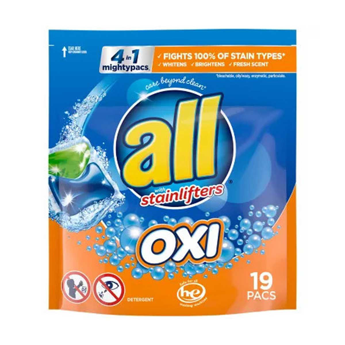 All Mighty Pacs 4-in-1 Laundry Detergent with Oxi Stain Removers - 19 Pacs