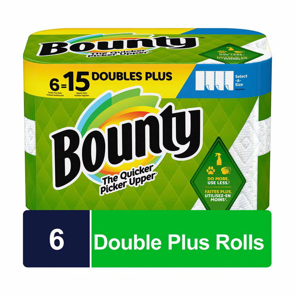 Bounty Quick-Size Paper Towels, White, 6 Double Plus Rolls = 15 Regular Rolls