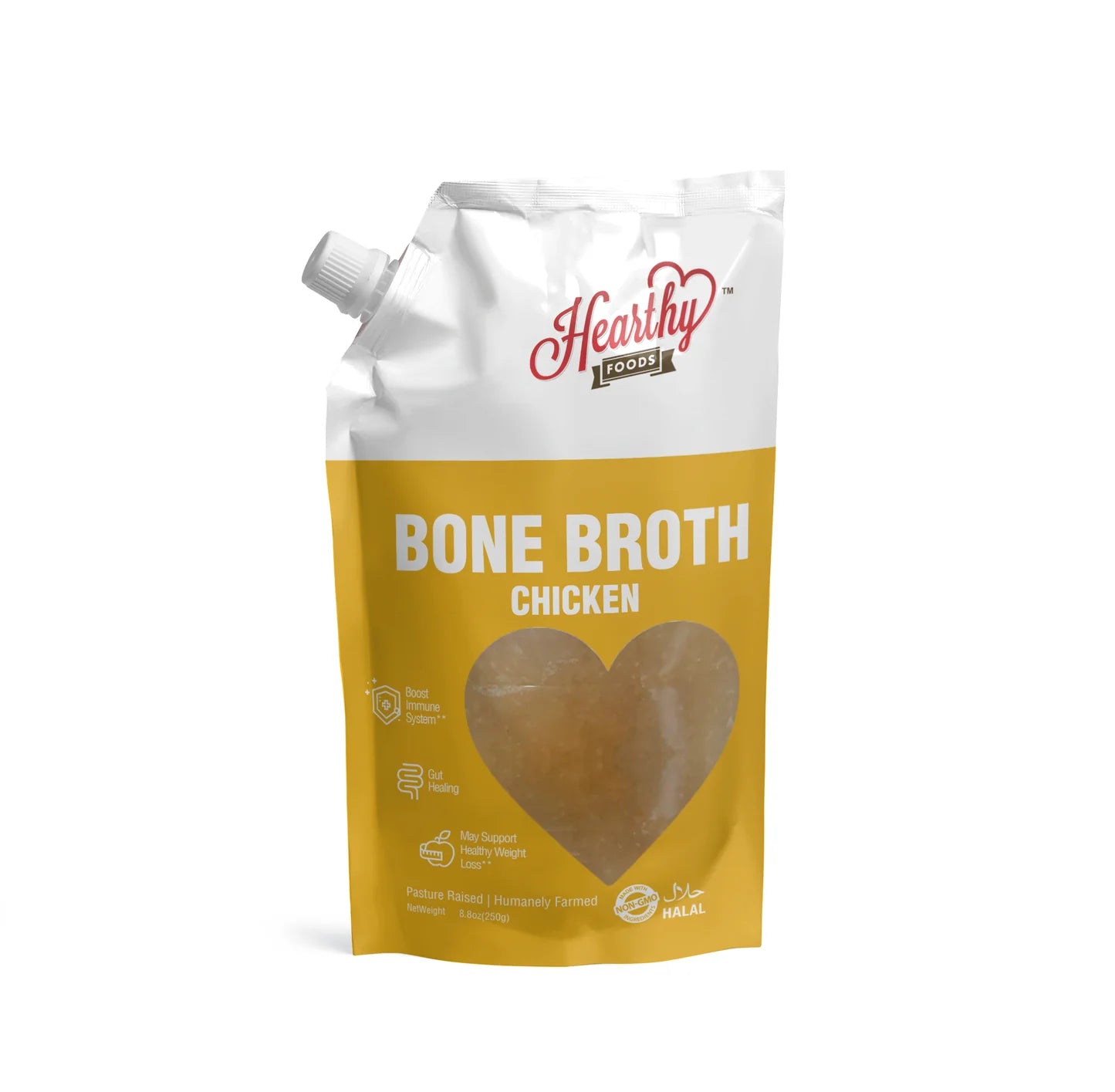 Hearty Foods chicken bone broth 16 oz bottle rich in collagen and protein for gut health