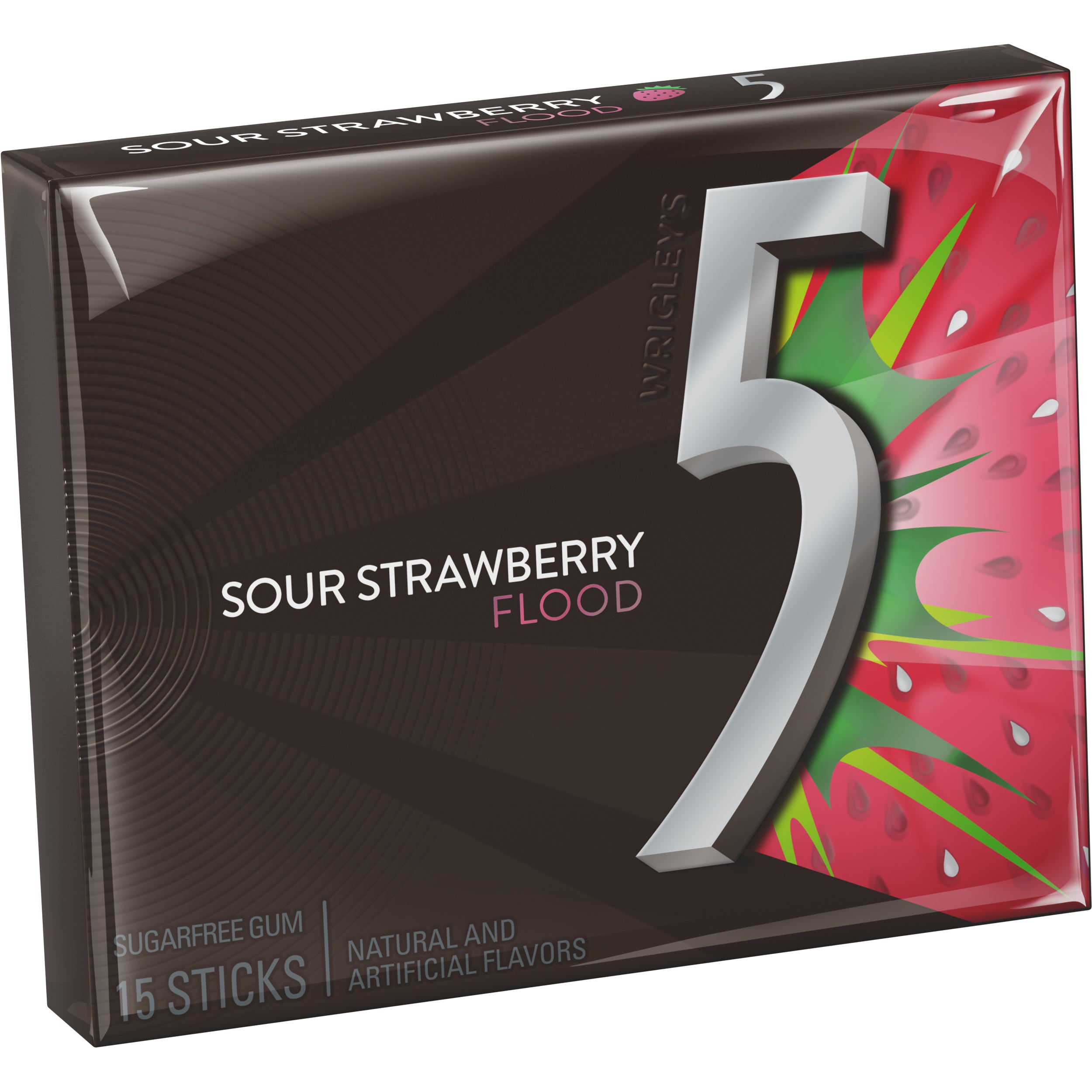 5 Gum Sour Strawberry Flood Sugarfree Chewing Gum - 15 Piece Pack