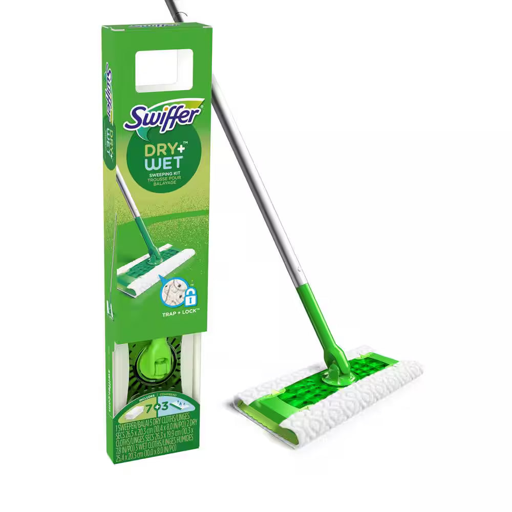 Swiffer Dry+Wet all-in-one floor cleaning system with handle and cleaning pads for hardwood and tile floors